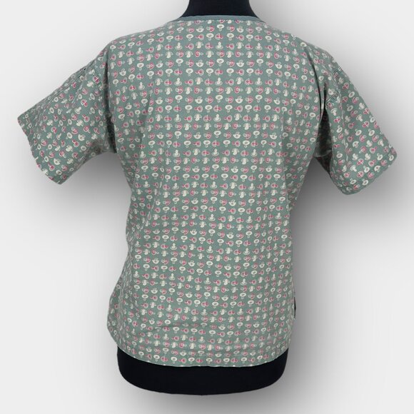 MOBB Womens Mock Wrap V Neck Scrub Top Green Print Short Sleeve S/M P - Picture 2 of 8
